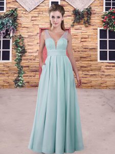 Sleeveless Satin Floor Length Backless Dama Dress in Blue with Lace