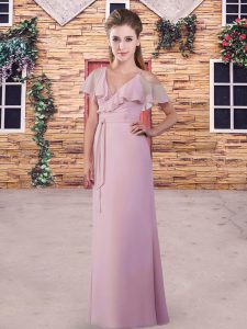 Noble Sleeveless Chiffon Floor Length Zipper Dama Dress in Pink with Beading and Lace and Ruching