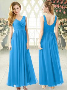 Sleeveless Chiffon Ankle Length Zipper Prom Dress in Blue with Ruching