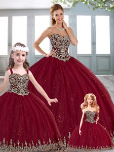 Sweetheart Sleeveless Lace Up Sweet 16 Quinceanera Dress Wine Red Tulle
