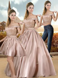 High Class A-line Quinceanera Dresses Pink Off The Shoulder Satin Sleeveless Floor Length Lace Up