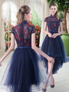 Navy Blue Zipper High-neck Lace Prom Dresses Tulle Short Sleeves
