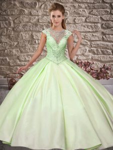 Chic Scoop Cap Sleeves Satin Quinceanera Gown Beading Sweep Train Lace Up