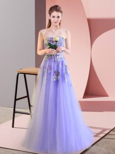 Popular Lavender Lace Up Prom Dress Appliques Sleeveless Floor Length