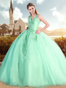 Most Popular Aqua Blue Sleeveless Sweep Train Beading and Lace Ball Gown Prom Dress