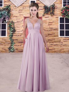 Lilac A-line Satin V-neck Sleeveless Lace Floor Length Backless Bridesmaid Gown