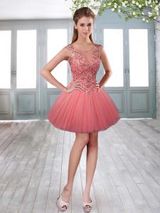 Admirable Watermelon Red Scoop Lace Up Beading Prom Evening Gown Sleeveless