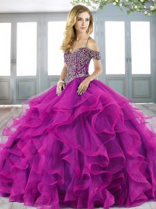 Beading and Ruffles Quinceanera Gown Purple Lace Up Sleeveless Sweep Train