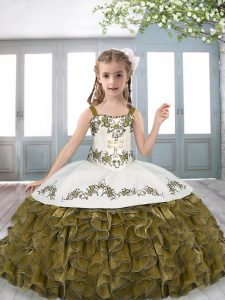 Olive Green Lace Up Straps Beading and Embroidery and Ruffles Pageant Dress for Teens Organza Sleeveless