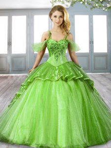Gorgeous Ball Gowns Organza Spaghetti Straps Sleeveless Beading and Appliques Lace Up Vestidos de Quinceanera Sweep Trai