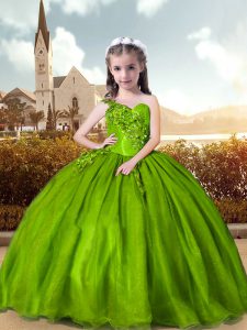 Latest One Shoulder Sleeveless Lace Up Pageant Dress Toddler Green Organza