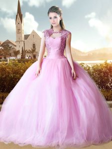 Wonderful Pink Cap Sleeves Floor Length Beading Lace Up Quinceanera Gown