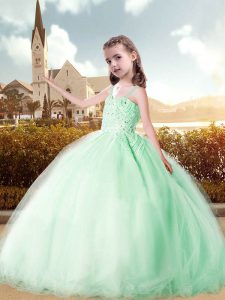 Apple Green Tulle Lace Up Child Pageant Dress Sleeveless Floor Length Beading