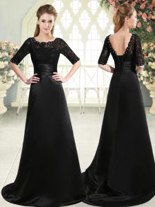 New Arrival Half Sleeves Beading and Appliques Lace Up Prom Dress with Black Sweep Train