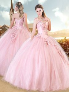 Sleeveless Floor Length Lace Up 15th Birthday Dress in Baby Pink with Beading and Appliques