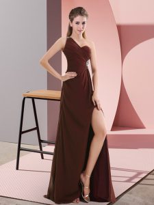 Burgundy One Shoulder Backless Beading and Ruching Prom Gown Sweep Train Sleeveless