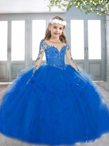 Royal Blue Lace Up Scoop Beading and Ruffles Little Girls Pageant Gowns Tulle Long Sleeves Sweep Train