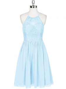 High Class Chiffon Halter Top Sleeveless Backless Lace Homecoming Dress in Light Blue