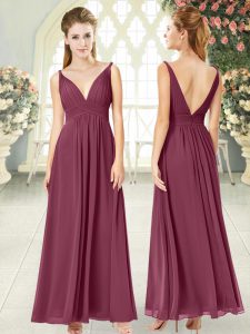 Burgundy Side Zipper Evening Dress Ruching Sleeveless Ankle Length