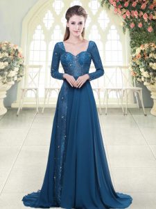 Chiffon Long Sleeves Prom Dresses Sweep Train and Beading and Lace