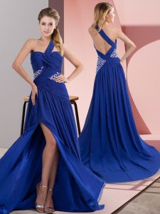 Royal Blue Prom Evening Gown Prom and Party with Beading and Ruching One Shoulder Sleeveless Sweep Train Backless