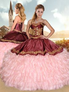Sweetheart Sleeveless Satin and Organza Sweet 16 Dress Embroidery and Ruffles Sweep Train Lace Up
