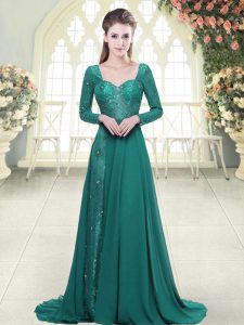 Fashion Green Long Sleeves Sweep Train Beading and Lace Prom Dresses