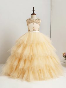 Perfect Gold Zipper Scoop Beading and Ruffles Kids Pageant Dress Tulle Sleeveless