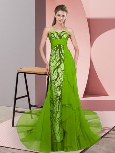 Sleeveless Tulle Sweep Train Zipper Homecoming Dress in Green with Beading and Lace
