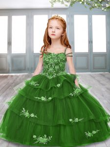 Spaghetti Straps Sleeveless Pageant Dress Floor Length Appliques Green Tulle