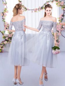 Colorful Grey Empire Lace Quinceanera Court Dresses Zipper Tulle Half Sleeves Tea Length
