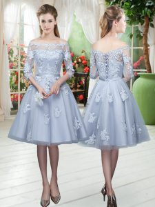 New Arrival Grey A-line Appliques Prom Dress Lace Up Tulle 3 4 Length Sleeve Knee Length