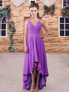 Purple Sleeveless High Low Ruching Backless Vestidos de Damas