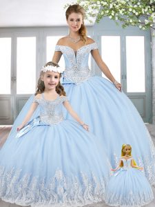 Baby Blue Sleeveless Floor Length Beading and Appliques and Bowknot Lace Up Vestidos de Quinceanera