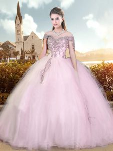 Baby Pink Lace Up Off The Shoulder Beading and Appliques Quince Ball Gowns Cap Sleeves