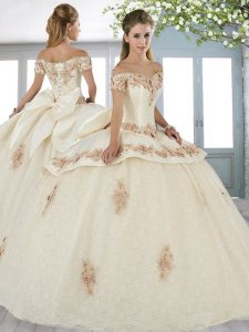 Champagne Off The Shoulder Neckline Beading and Appliques and Bowknot Quinceanera Gowns Short Sleeves Lace Up