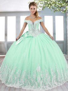 Apple Green Off The Shoulder Lace Up Beading and Appliques Quinceanera Gown Sleeveless