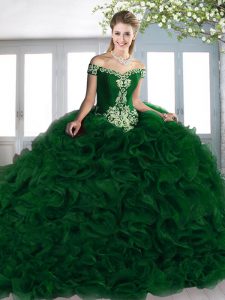 Beautiful Beading and Appliques and Ruffles Lace Up Sweet 16 Dresses with Green Court Train