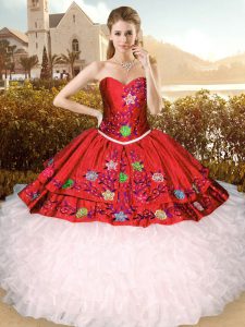 Red Ball Gowns Sweetheart Sleeveless Satin and Organza Floor Length Lace Up Embroidery Quinceanera Dress