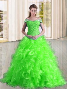 Artistic Sleeveless Beading and Lace and Ruffles Lace Up Quinceanera Dress with Sweep Train