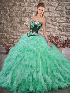 Edgy Lace Up Quinceanera Gown Turquoise for Military Ball and Sweet 16 and Quinceanera with Embroidery and Ruffles Sweep