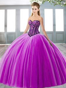 Dramatic Purple Tulle Lace Up Sweetheart Sleeveless Floor Length Sweet 16 Dress Embroidery