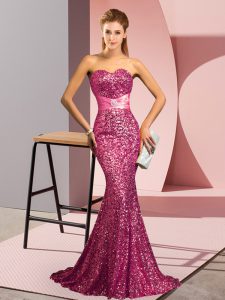 Charming Beading Prom Party Dress Pink Backless Sleeveless Sweep Train