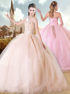 Luxurious Champagne Ball Gowns Beading Quinceanera Gown Lace Up Tulle Sleeveless Floor Length