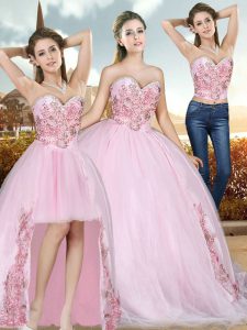 Sleeveless Beading and Appliques Lace Up Quinceanera Dress with Baby Pink Sweep Train