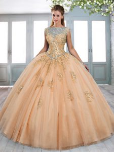 Orange Sleeveless Tulle Sweep Train Lace Up Quinceanera Dress for Military Ball and Sweet 16 and Quinceanera