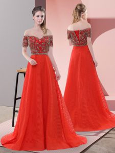 A-line Short Sleeves Red Prom Dresses Sweep Train Lace Up
