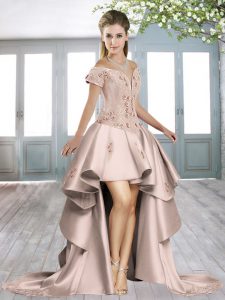 Pink Prom and Party and Military Ball with Appliques Off The Shoulder Short Sleeves Zipper
