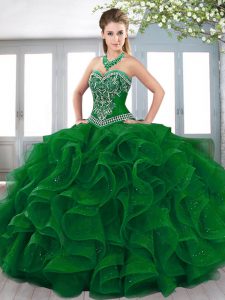 Green Sweet 16 Dress Military Ball and Sweet 16 and Quinceanera with Beading and Embroidery and Ruffles Sweetheart Sleev