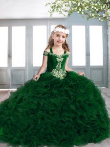 Custom Designed Sweep Train Ball Gowns Little Girls Pageant Gowns Green Off The Shoulder Organza Sleeveless Lace Up